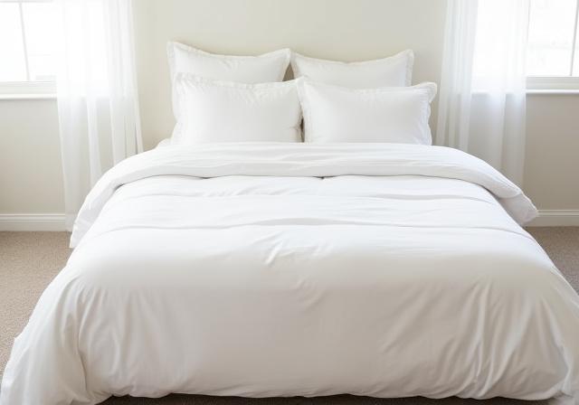 Tidied bedroom with perfectly made bed and fresh vacuum lines on the carpet