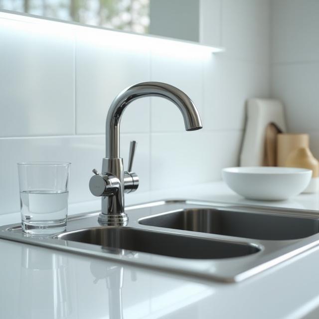 Polished stainless steel kitchen sink gleaming after cleaning