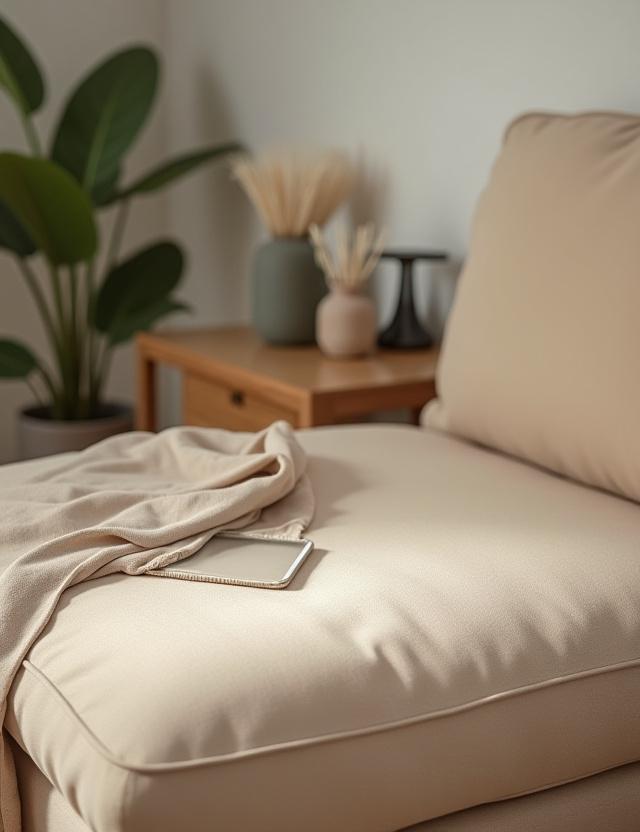 Organized living room area with dusted surfaces and neatly arranged decorative items