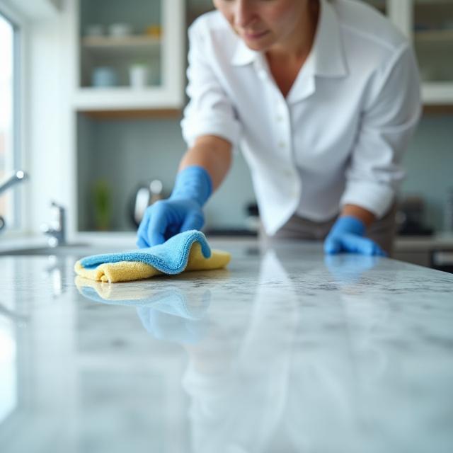 Blue Lemon Cleaning professional wiping down a granite kitchen countertop