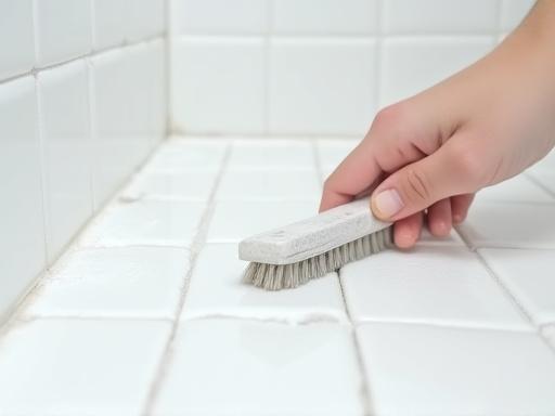 Scrubbing tile grout in a shower