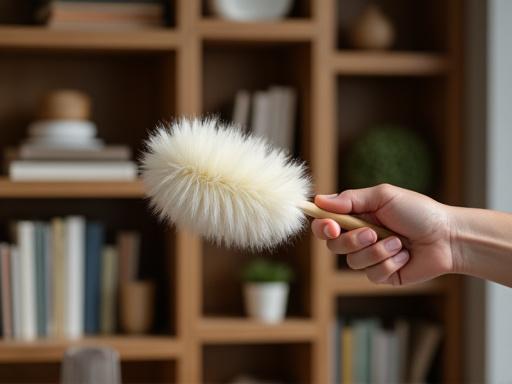 Detailed dusting of books and shelves